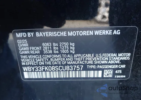 2025 BMW I5 Edrive40 z USA, uszkodzony, nr VIN WBY33FK08SCU83757